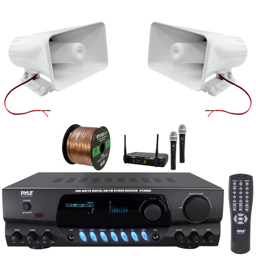 Pyle PT260A Digital Display Screen 200 Watts Digital AM/FM Radio Home Audio Stereo Amplifier Receiver, 2x 8'' 65 Watt Power Indoor/Outdoor PA Horn Speakers, Wireless Microphone System, Speaker Wire