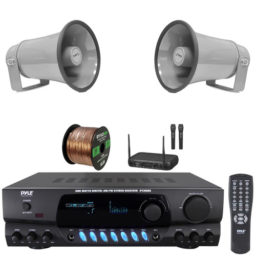 Pyle PT260A Digital Display Screen 200 Watts Digital AM/FM Radio Home Audio Stereo Amplifier Receiver, 2x 8.1'' 50W Max Power Indoor/Outdoor Gray PA Horn Speakers, VHF Wireless Microphone System, Wire