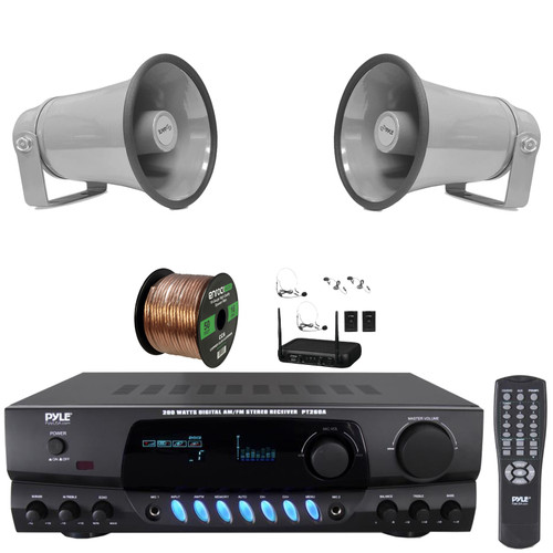 Pyle PT260A Digital Display Screen 200 Watts Digital AM/FM Radio Home Audio Stereo Amplifier Receiver, 2x 8.1'' 50W Max Indoor/Outdoor Gray PA Horn Speakers, VHF Wireless Microphone System, Wire