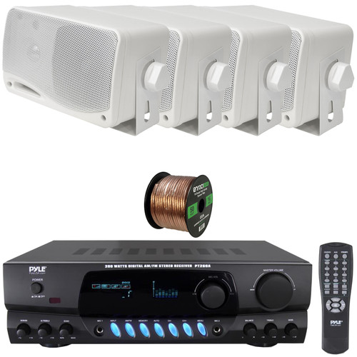 Pyle PT260A Digital Display Screen 200 Watts Digital AM/FM Radio Home Audio Stereo Amplifier Receiver, 4x Pyle PLMR24 3.5'' 200 Watt Max Power 3-Way Weather Proof Mini Box White Speakers, Speaker Wire