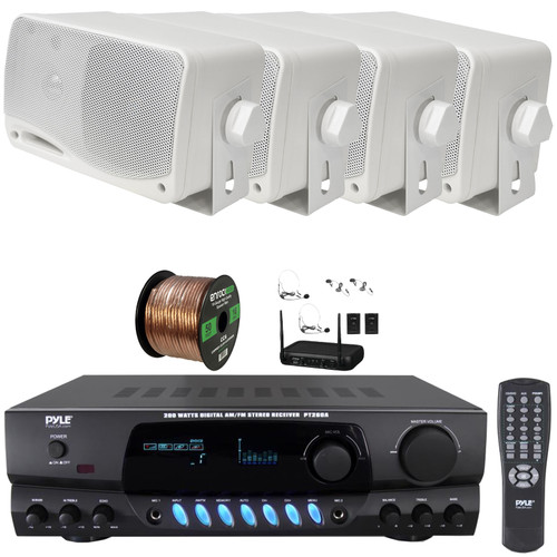 Pyle PT260A Digital Display Screen 200 Watts Digital AM/FM Radio Home Audio Stereo Amplifier Receiver, 4x 3.5'' 200W Max Power 3-Way Mini Box White Speakers, VHF Wireless Microphone System, Wire