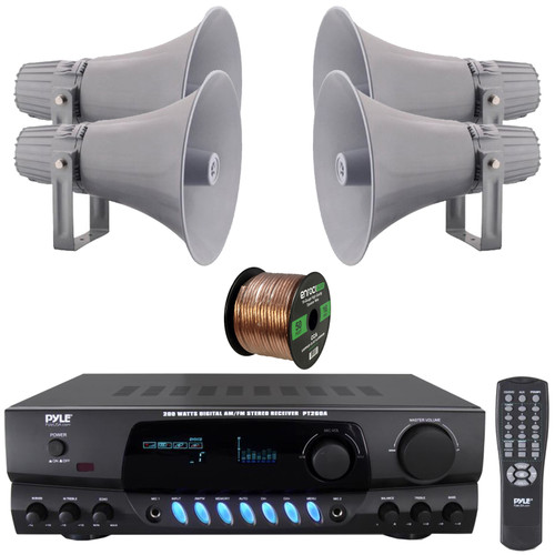 Pyle PT260A Digital Display Screen 200 Watts Digital AM/FM Radio Home Audio Stereo Amplifier Receiver, 4x Pyle PHSP12 12.7'' 60 Watt RMS Power Indoor/Outdoor PA Horn Speakers, 50 Feet Speaker Wire