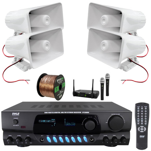 Pyle PT260A Digital Display Screen 200 Watts Digital AM/FM Radio Home Audio Stereo Amplifier Receiver, 4x 8'' 65 Watt Power Indoor/Outdoor PA Horn Speakers, Wireless Microphone System, Speaker Wire
