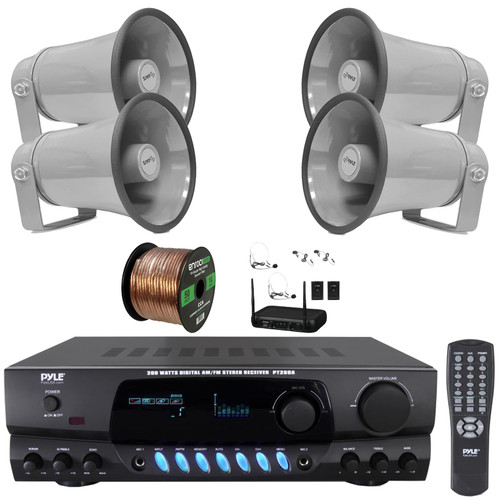 Pyle PT260A Digital Display Screen 200 Watts Digital AM/FM Radio Home Audio Stereo Amplifier Receiver, 4x 8.1'' 50W Max Indoor/Outdoor Gray PA Horn Speakers, VHF Wireless Microphone System, Wire