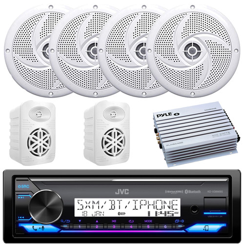 JVC KD-X38MBS Single DIN Marine Bluetooth USB/AUX LED AM/FM Radio SiriusXM Ready Stereo Receiver, 4x 5.25" 180W Max Low Profile Speakers, 2x 4" 300W Max Indoor/Outdoor Speakers, 4 Channel Amplifier