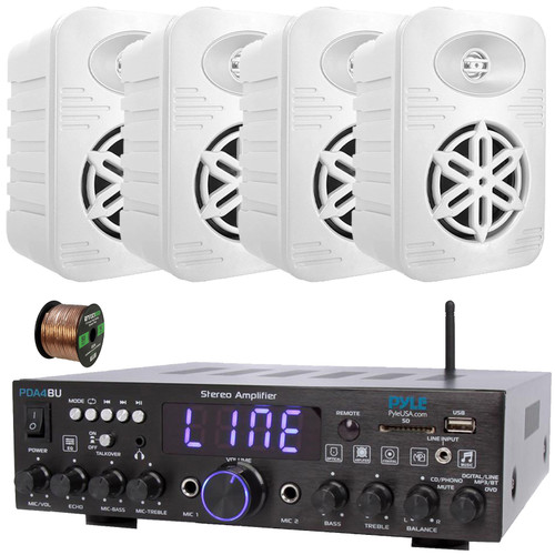 Pyle PDA4BU Wireless Bluetooth USB/AUX FM Radio Multi-Channel 200 Watt Home Audio Stereo Amplifier Receiver, 4x 4” 300W Max Power 2-Way Indoor/Outdoor White Speakers, 50 Feet 16 Gauge Speaker Wire