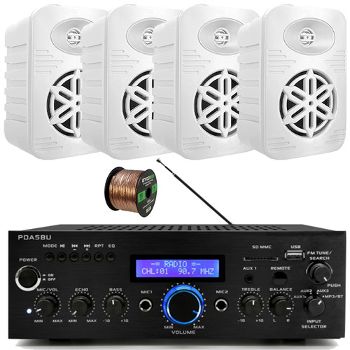 Pyle PDA5BU 200W Bluetooth USB/AUX FM Radio Stereo Mini Blue LCD Amplifier, 4x Pyle PDWRBT46WT 4” 300 Watts Max Power 2-Way Indoor/Outdoor White Speakers, 50 Feet 16 Gauge Speaker Wire