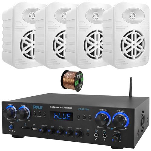 Pyle PDA77BU Bluetooth USB/AUX MP3 Player SD FM Radio Home Audio Amplifier Receiver, 4x Pyle PDWRBT46WT 4” 300 Watts Max Power 2-Way Indoor/Outdoor White Speakers, 50 Feet 16 Gauge Speaker Wire