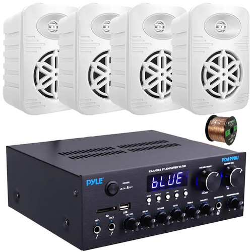 Pyle PDA99BU Bluetooth USB/AUX MP3 Player SD FM Radio HD HDMI Home Audio Amplifier Receiver W/Remote Control, 4x 4” 300W Max Power 2-Way Indoor/Outdoor White Speakers, 50 Feet 16 Gauge Speaker Wire
