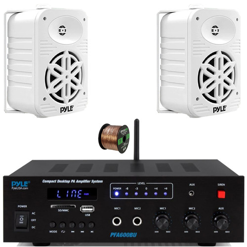 Pyle PFA600BU Compact Bluetooth USB/AUX FM Radio Public Address Amplifier Receiver System, 2x Pyle PDWR55WT 5.25" 500 Watts Max Power 2-Way Indoor/Outdoor White Speakers, 50 Feet 16 Gauge Speaker Wire