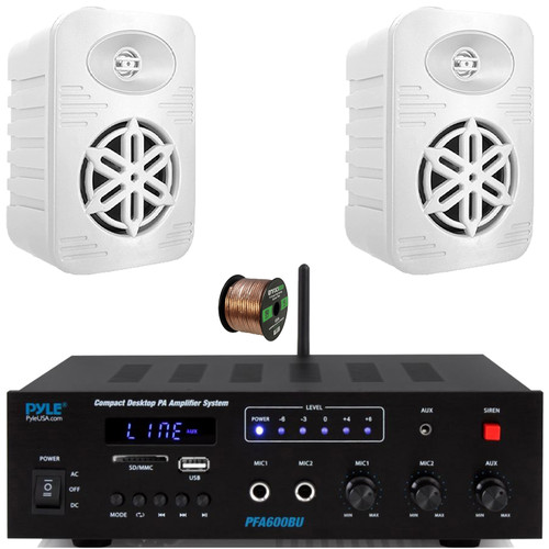 Pyle PFA600BU Compact Bluetooth USB/AUX FM Radio Public Address Amplifier Receiver System, 2x Pyle PDWRBT46WT 4” 300 Watts Max Power 2-Way Indoor/Outdoor White Speakers, 50 Feet 16 Gauge Speaker Wire