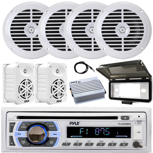 Pyle PLCD43MRB Single DIN Marine Bluetooth USB/AUX MP3 Player AM/FM Radio Stereo Head unit Receiver W/White Cover, 4x 6.5'' 120W Max Speakers, 2x 5.25" 500W Max Speakers, 4 Channel Amplifier, Antenna