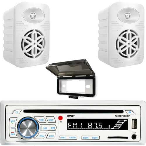 Pyle PLCDBT65 Single DIN Marine Bluetooth USB/AUX CD Player AM/FM Radio Stereo Receiver W/White Cover, 2x Pyle PDWRBT46WT 4” 300 Watts Max Power 2-Way Indoor/Outdoor Bluetooth White Speakers
