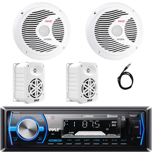 Pyle PLMRB29B Single DIN Marine Bluetooth USB/AUX MP3 Player AM/FM Radio In-Dash Stereo Black Receiver, 2x 6.5" 150W Max Dual Cone Speakers, 2x 5.25" 500W Max Indoor/Outdoor Speakers, Radio Antenna