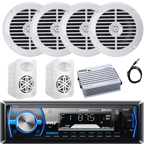 Pyle PLMRB29B Single DIN Marine Bluetooth USB/AUX MP3 AM/FM In-Dash Stereo Receiver, 4x 5.25" 100W Max Dual Cone Speakers, 2x 4" 300W Max Indoor/Outdoor Speakers, 4 Channel Amplifier, Radio Antenna