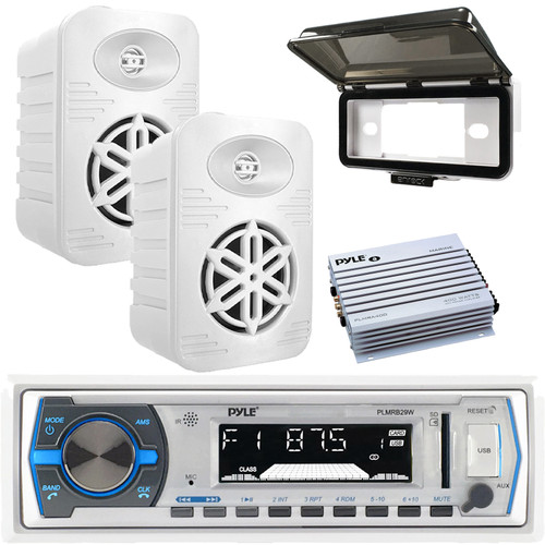 Pyle PLMRB29W Single DIN Marine Bluetooth USB/AUX MP3 Player AM/FM Radio In-Dash Stereo White Receiver W/White Cover, 2x 4” 300 Watt Max Power 2-Way Indoor/Outdoor White Speakers, 4 Channel Amplifier