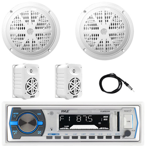 Pyle PLMRB29W Single DIN Marine Bluetooth USB/AUX MP3 Player AM/FM Radio In-Dash Stereo White Receiver, 2x 6.5'' 120W Dual Cone Speakers, 2x 5.25" 500W Max Indoor/Outdoor Speakers, Radio Antenna