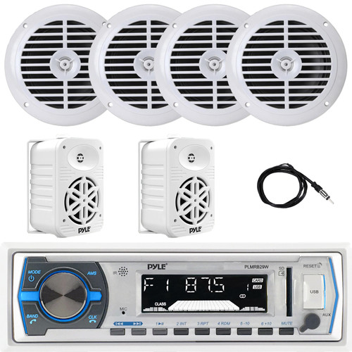 Pyle PLMRB29W Single DIN Marine Bluetooth USB/AUX MP3 Player AM/FM Radio In-Dash White Stereo Receiver, 4x 6.5'' 120W Max Full Range Speakers, 2x 5.25" 500W Max Indoor/Outdoor Speakers, Radio Antenna