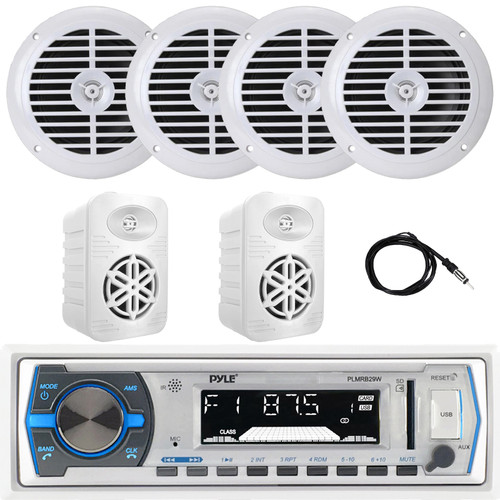Pyle PLMRB29W Single DIN Marine Bluetooth USB/AUX MP3 Player AM/FM Radio In-Dash White Stereo Receiver, 4x 6.5'' 120W Max Full Range Speakers, 2x 4" 300W Max Indoor/Outdoor Speakers, Radio Antenna