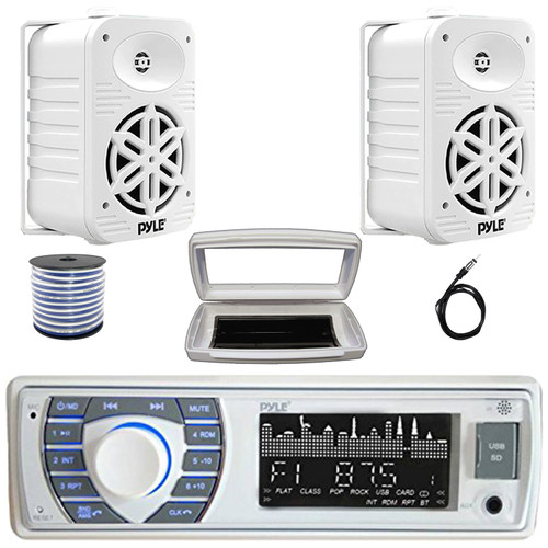 Pyle PLRMR23BTW Single DIN Marine Bluetooth USB/AUX MP3 Player AM/FM In-Dash Stereo Receiver W/White Cover, 2x 5.25" 500W Max Power 2-Way Indoor/Outdoor White Speakers, Radio Antenna, Speaker Wire