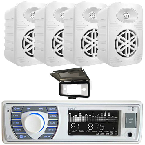 Pyle PLRMR23BTW Single DIN Marine Bluetooth USB/AUX MP3 Player AM/FM Radio In-Dash Stereo Receiver W/White Cover, 4x Pyle PDWRBT46WT 4” 300 Watts Max Power 2-Way Indoor/Outdoor White Speakers