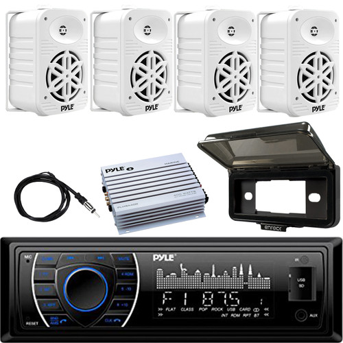 Pyle PLRMR27BTB Single DIN Marine Bluetooth USB/AUX MP3 Player AM/FM Radio Stereo Receiver W/Black Cover, 4x 5.25" 500W Max 2-Way Indoor/Outdoor White Speakers, 4 Channel Amplifier, Radio Antenna