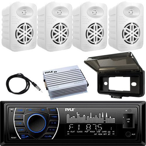 Pyle PLRMR27BTB Single DIN Marine Bluetooth USB/AUX MP3 Player AM/FM Radio Stereo Receiver W/Black Cover, 4x 4” 300W Max Power 2-Way Indoor/Outdoor White Speakers, 4 Channel Amplifier, Radio Antenna