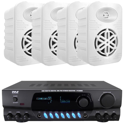 Pyle PT260A Digital Display Screen 200 Watts Digital AM/FM Radio Home Audio Stereo Amplifier Receiver, 4x Pyle PDWRBT46WT 4” 300 Watts Max Power 2-Way Indoor/Outdoor Bluetooth White Speakers
