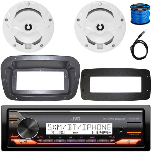 JVC KD-X38MBS Single-DIN Marine Bluetooth USB/AUX LED AM/FM Stereo SiriusXM Ready Receiver W/Spa Bezel + Adapter Plate, 2x 6.5" 225W Max Power 2-Way Multi-Element Boat White Speakers W/Wire, Antenna