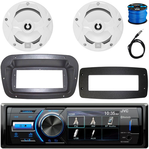 JVC KD-X560BT Single-DIN Marine Bluetooth USB/AUX MP3 AM/FM Digital Media Stereo Receiver W/Spa Bezel + Adapter Plate, 2x 6.5" 225W Max Power 2-Way Multi-Element Boat White Speakers W/Wire, Antenna