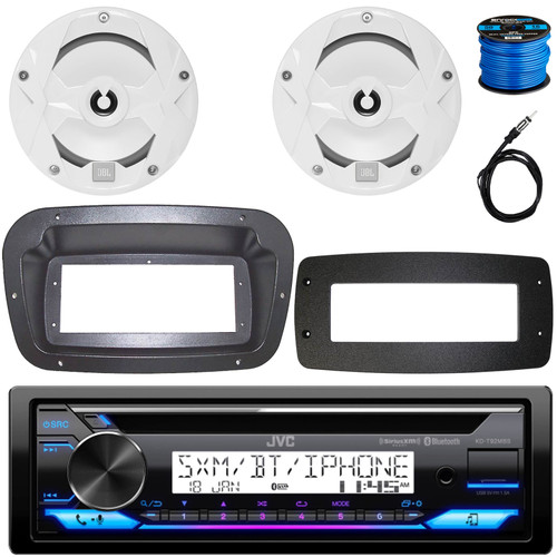 JVC KD-T92MBS Single-DIN Marine Bluetooth USB/AUX CD Player AM/FM Stereo Receiver W/Spa Bezel + Adapter Plate, 2x 6.5" 225W Max Power 2-Way Multi-Element Boat White Speakers W/50 Feet Wire, Antenna