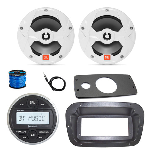 JBL PRV-175 Marine Gauge Hole Mount USB Bluetooth AM/FM Stereo Receiver, Spa Bezel, Adapter Plate, 22" Antenna, 2x 6.5" 225 Watt Max 2-Way Multi-Element Audio Speakers (White) w/Wire