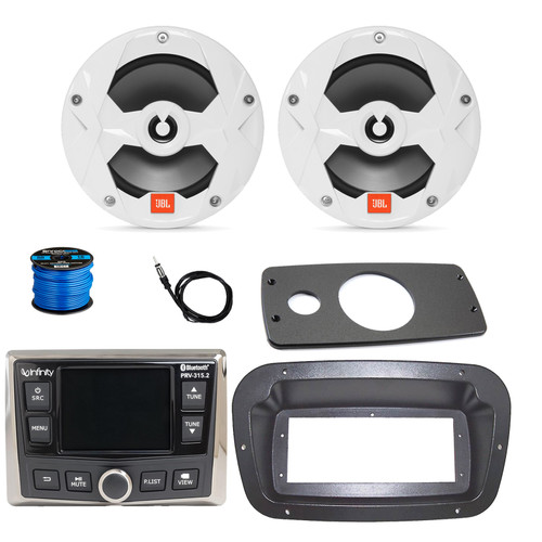 Infinity PRV315 Marine Gauge Hole Mount Bluetooth AM/FM/WB Stereo Receiver, Spa Bezel, Adapter Plate, 22" Antenna, 2x 6.5" 225 Watt Max 2-Way Multi-Element Audio Speakers (White) w/Wire