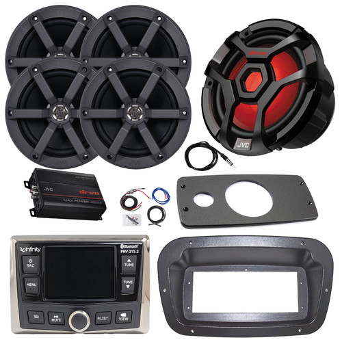 Infinity PRV315 Marine Gauge Style Bluetooth AM/FM/WB Receiver, Spa Bezel, Adapter Plate, 22" Antenna, Amplifier w/Kit, 10" LED Subwoofer, 4x 6.5" 100 Watt Max 2-Way Audio Speakers (Black)