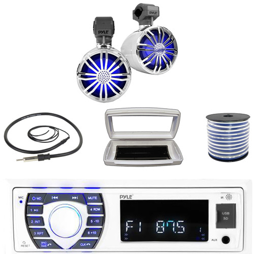 Pyle PLRMR23BTW Single-DIN Bluetooth Marine USB/AUX MP3/SD AM/FM Radio Stereo Receiver W/White Cover, 2x 3.5’’ 20 Watt Max Power LED Full Range Rated Off-Road Chrome Speakers W/50 Feet Wire, Antenna
