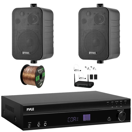 Pyle PT875BT 5.2 Channel 1000W Max USB-A MP3 Player FM Radio Bluetooth Home Theater Amplifier Receiver, 2x 4" 30W Max Power 3-Way Indoor/Outdoor Black Speakers, VHF Wireless Microphone System, Wire