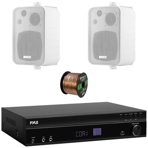 Pyle PT875BT 5.2 Channel 1000W Max USB-A MP3 Player FM Radio Bluetooth Home Theater Amplifier Receiver, 2x Enrock EKMR408W 4" 30 Watt Max Power 3-Way Indoor/Outdoor White Box-Speakers, Speaker Wire