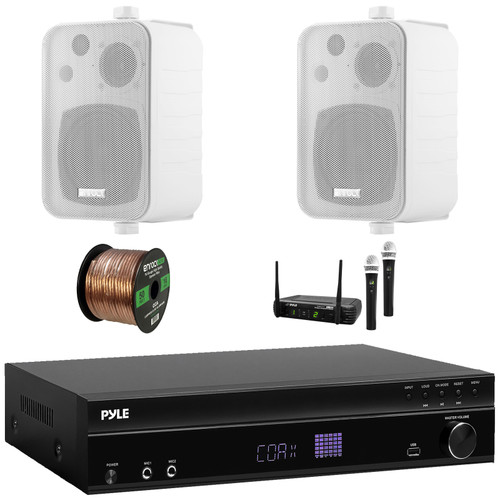 Pyle PT875BT 5.2 Channel 1000W Max USB-A MP3 Player FM Radio Bluetooth Home Theater Amplifier Receiver, 2x 4" 30W Max 3-Way Indoor/Outdoor White Box-Speakers, Wireless Microphone System, Speaker Wire