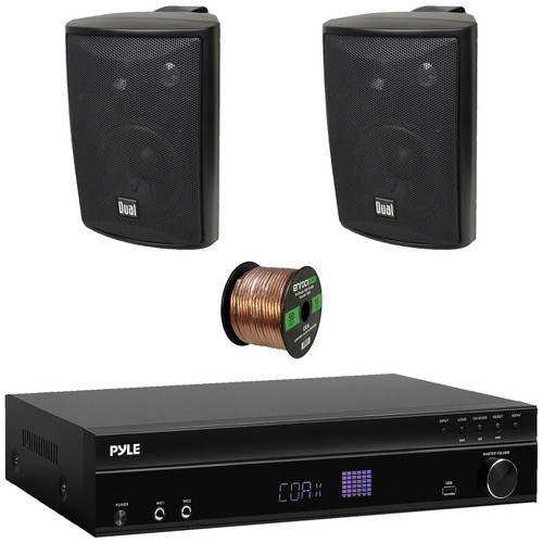 Pyle PT875BT 5.2 Channel 1000W Max USB-A MP3 Player FM Radio Bluetooth Home Theater Amplifier Receiver, 2x Dual Electronics LU47PB 4" 200W Max Power 3-Way Indoor/Outdoor Black Speakers, Speaker Wire