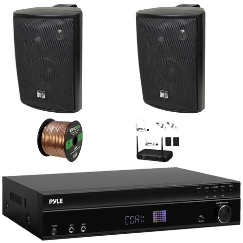 Pyle PT875BT 5.2 Channel 1000W Max USB-A MP3 Player FM Radio Bluetooth Home Theater Amplifier Receiver, 2x 4" 200W Max Power 3-Way Indoor/Outdoor Black Speakers, VHF Wireless Microphone System, Wire