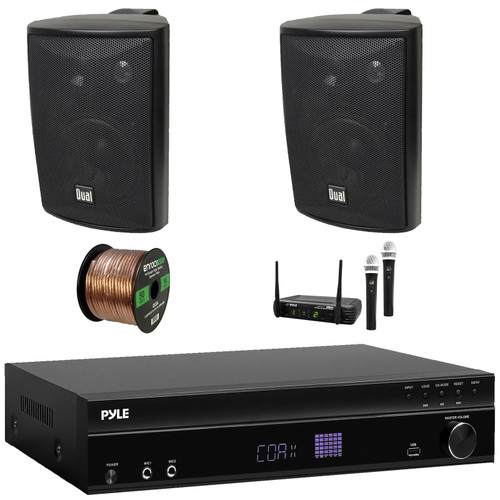 Pyle PT875BT 5.2 Channel 1000W Max USB-A MP3 Player FM Radio Bluetooth Home Theater Amplifier Receiver, 2x 4" 200 Watt Max 3-Way Indoor/Outdoor Black Speakers, Wireless Microphone System, Speaker Wire