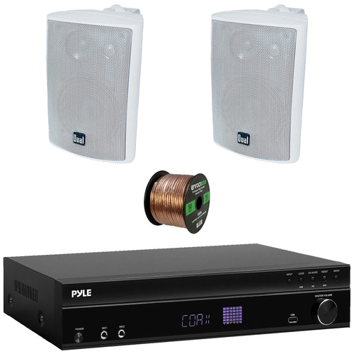 Pyle PT875BT 5.2 Channel 1000W Max USB-A MP3 Player FM Radio Bluetooth Home Theater Amplifier Receiver, 2x Dual Electronics LU47PW 4" 200W Max Power 3-Way Indoor/Outdoor White Speakers, Speaker Wire