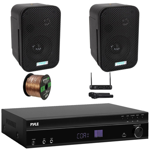 Pyle PT875BT 5.2 Channel 1000W Max USB-A MP3 Player FM Radio Bluetooth Home Theater Amplifier Receiver, 2x 3.5" 300 Watt Max Indoor/Outdoor Black Speakers, VHF Wireless Microphone System, Speaker Wire