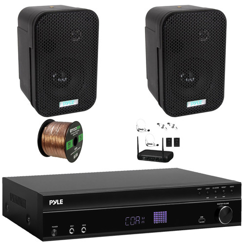 Pyle PT875BT 5.2 Channel 1000W Max USB-A MP3 Player FM Radio Bluetooth Home Theater Amplifier Receiver, 2x 3.5" 300W Max Indoor/Outdoor Black Waterproof Speakers, VHF Wireless Microphone System, Wire