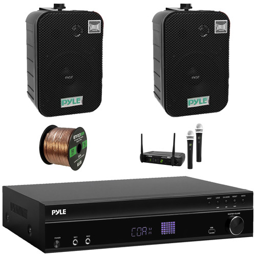 Pyle PT875BT 5.2 Channel 1000W Max USB-A MP3 Player FM Radio Bluetooth Home Theater Amplifier Receiver, 2x 5.25" 400W Max Power Indoor/Outdoor Black Speakers, Wireless Microphone System, Speaker Wire