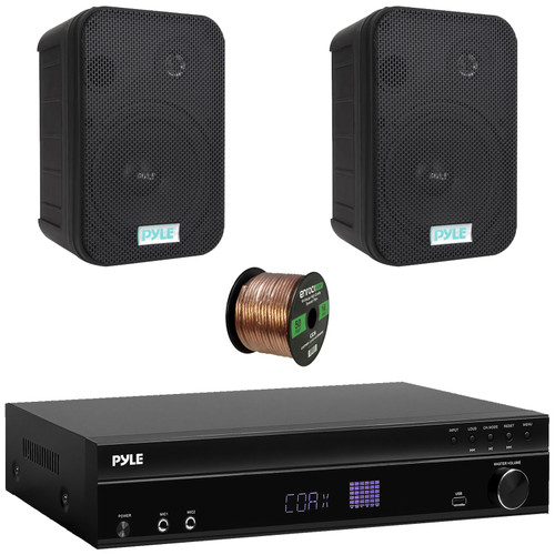 Pyle PT875BT 5.2 Channel 1000W Max USB-A MP3 Player FM Radio Bluetooth Home Theater Amplifier Receiver, 2x Pyle PDWR50B 6.5'' 500 Watt Max Power Indoor/Outdoor Waterproof Black Speakers, Speaker Wire