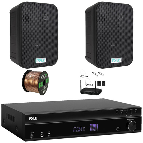 Pyle PT875BT 5.2 Channel 1000W Max USB-A MP3 Player FM Radio Bluetooth Home Theater Amplifier Receiver, 2x 6.5'' 500W Max Indoor/Outdoor Waterproof Black Speakers, VHF Wireless Microphone System, Wire