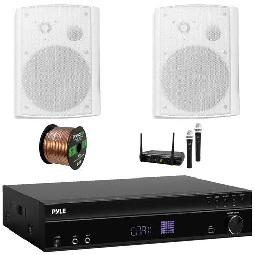 Pyle PT875BT 5.2 Channel 1000W Max USB-A MP3 Player FM Radio Bluetooth Home Theater Amplifier Receiver, 2x 6.5" 500W Max Power Indoor/Outdoor White Speakers, Wireless Microphone System, Speaker Wire