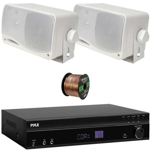 Pyle PT875BT 5.2 Channel 1000W Max USB-A MP3 Player FM Radio Bluetooth Home Theater Amplifier Receiver, 2x Pyle PLMR24 3.5'' 200W Max Power 3-Way Weather Proof Mini Box White Speakers, Speaker Wire