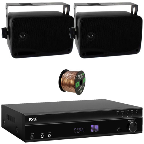Pyle PT875BT 5.2 Channel 1000W Max USB-A MP3 Player FM Radio Bluetooth Home Theater Amplifier Receiver, 2x Pyle PLMR24B 3.5'' 200 Watt Max 3-Way Indoor/Outdoor Wall Mount Black Speakers, Speaker Wire